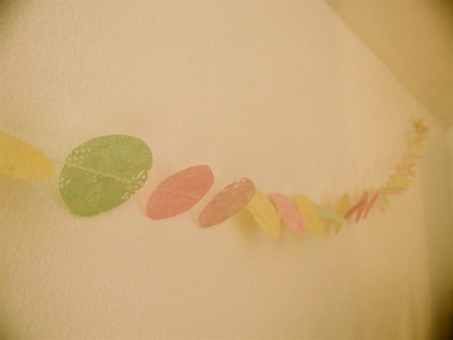 sewn dyed paper doily garland